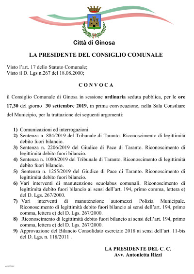 Lunedì 30 settembre 2019 è convocato il Consiglio Comunale