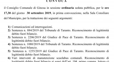 Lunedì 30 settembre 2019 è convocato il Consiglio Comunale