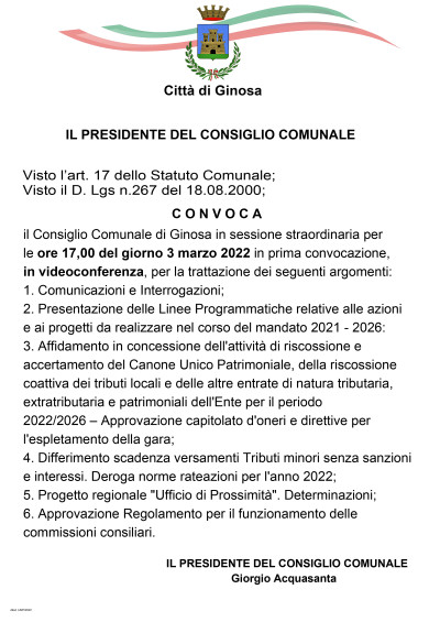 3 Marzo 2021 ore 17.00 - Convocazione Consiglio Comunale