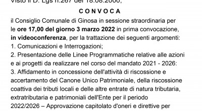 3 Marzo 2021 ore 17.00 - Convocazione Consiglio Comunale 
