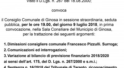 Lunedì 9 luglio 2018 è convocato il Consiglio Comunale