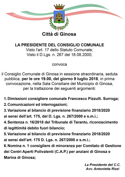 Lunedì 9 luglio 2018 è convocato il Consiglio Comunale