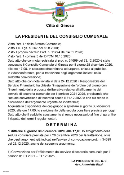 30 Dicembre 2020 - Convocazione Consiglio Comunale