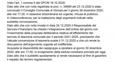 30 Dicembre 2020 - Convocazione Consiglio Comunale 