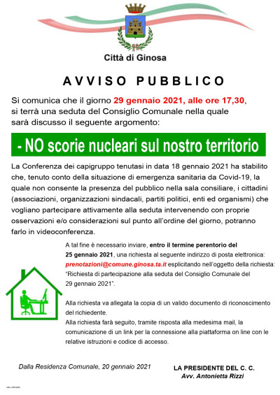 Consiglio Comunale del 29 Gennaio 2021 - Prenotazione Interventi sul tema NO ...