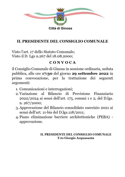 29 settembre 2022 ore 17:30 - Convocazione Consiglio Comunale