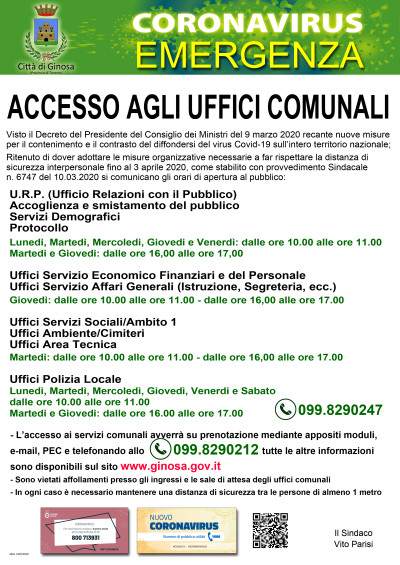 Covid-19 - Orario di accesso agli uffici comunali