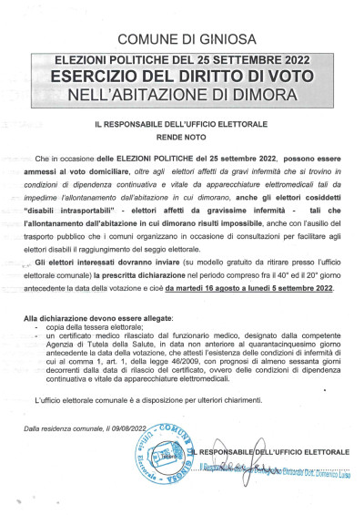 ELEZIONI POLITICHE DEL 25 SETTEMBRE 2022 - AVVISO VOTO DOMICILIARE E MODELLO ...