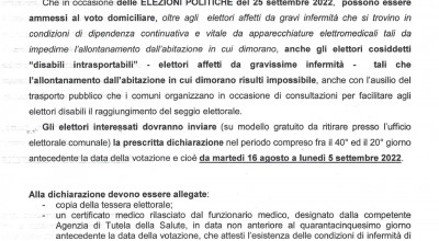 ELEZIONI POLITICHE DEL 25 SETTEMBRE 2022 - AVVISO VOTO DOMICILIARE E MODELLO ...
