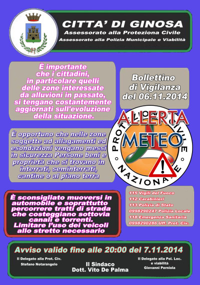 Allerta meteo del 6 e 7 novembre 2014