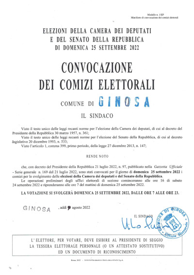 Elezioni politiche del 25 settembre 2022 - Manifesto di convocazione dei comi...