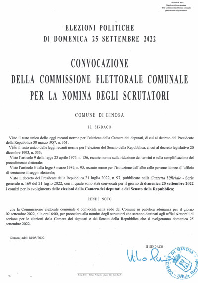 MANIFESTO CONVOCAZIONE DELLA COMMISSIONE ELETTORALE COMUNALE PER NOMINA DEGLI...
