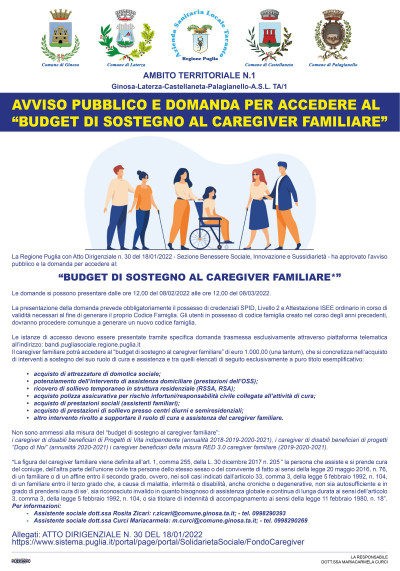 Budget di sostegno al caregiver familiare - Prossima apertura della presentaz...