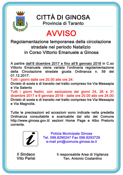 Regolamentazione temporanea della circolazione stradale nel periodo Natalizio...