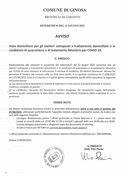 AVVISO - VOTO COVID19 - REFERENDUM DEL 12 GIUGNO 2022
