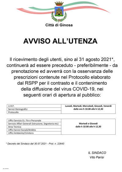 Ricevimento pubblico per il mese di agosto 2021