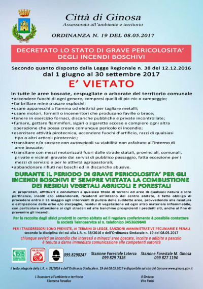 Ordinanza n.19 del 08/05/2017 - Pericolosità degli incendi boschivi