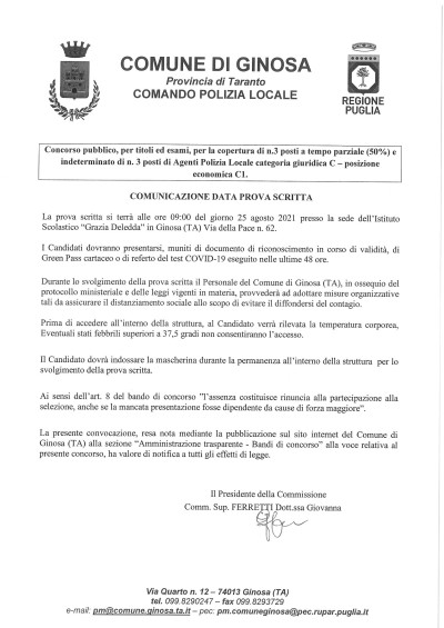 Concorso pubblico per la copertura di n. 3 posti di Agenti di Polizia Locale ...