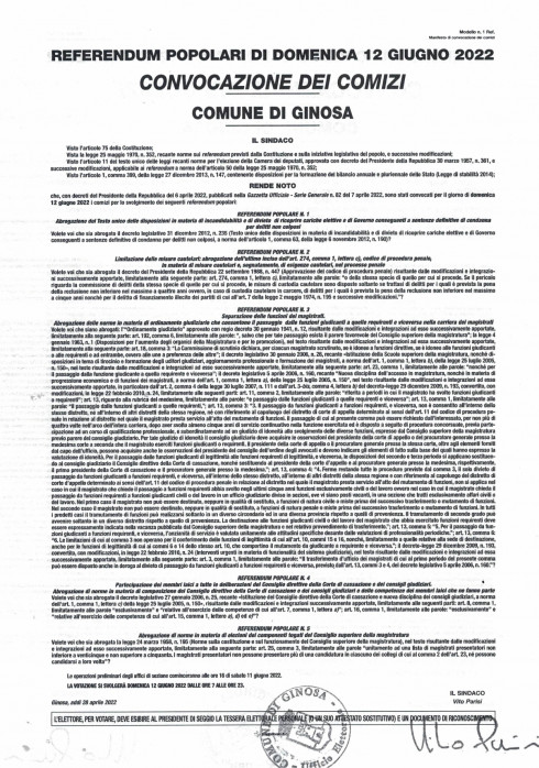 REFERENDUM ABROGATIVI DEL 12 GIUGNO 2022 - CONVOCAZIONE DEI COMIZI 