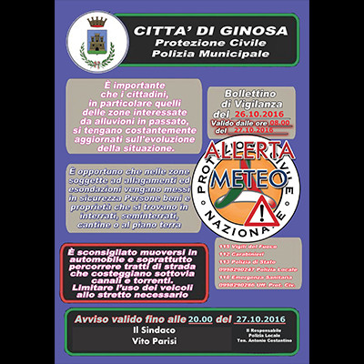 Allerta Meteo diramata dal Servizio di protezione Civile della Regione Puglia...