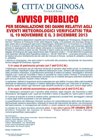 SEGNALAZIONE DEI DANNI RELATIVI AGLI EVENTI ALLUVIONALI IN GINOSA