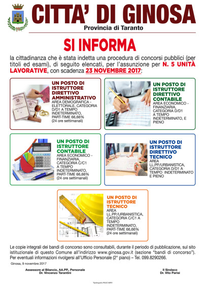 Bandi di concorso per n. 5 unità lavorative