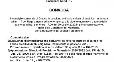 Giovedì 30 Luglio 2020 è convocato il Consiglio Comunale 