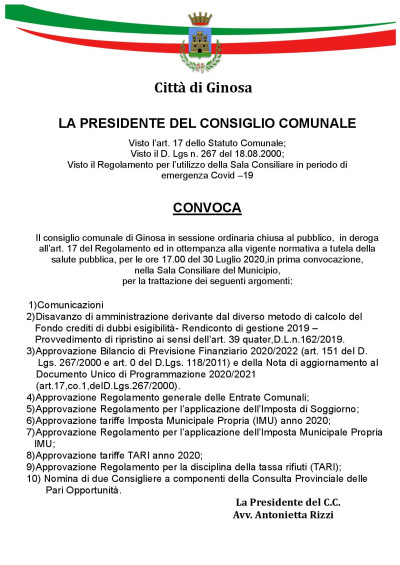 Giovedì 30 Luglio 2020 è convocato il Consiglio Comunale