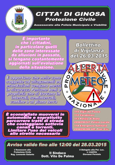 ALLERTA METEO fino alle 12.00 del 28.03.2015
