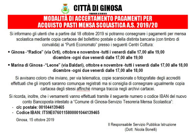 MODALITÀ DI ACCERTAMENTO PAGAMENTI PER ACQUISTO PASTI MENSA SCOLASTICA...